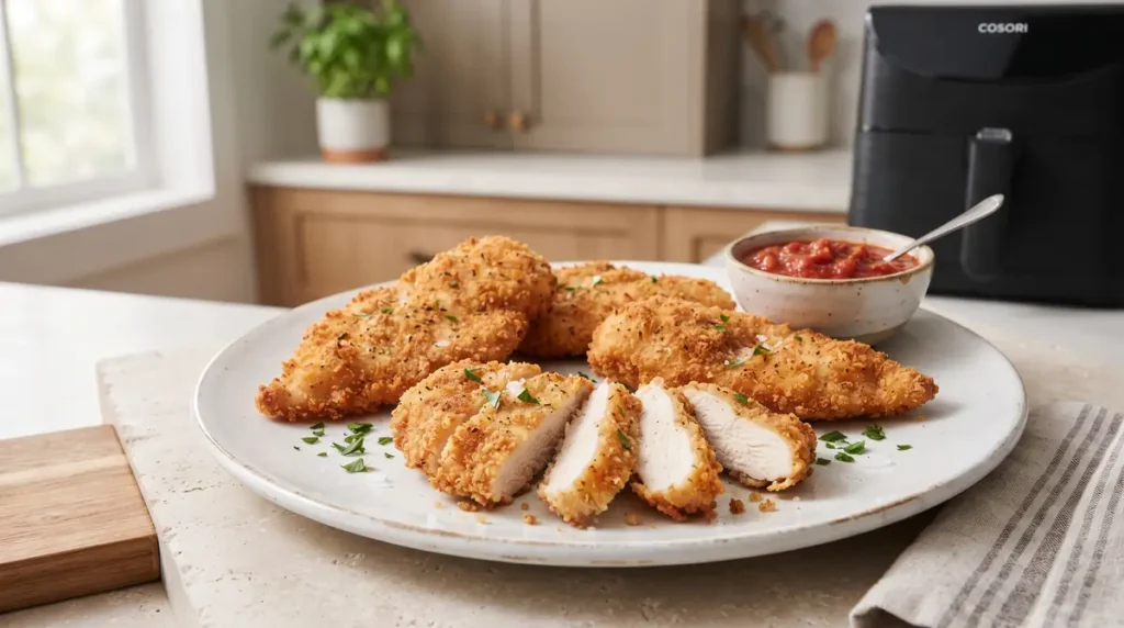 Plate of crispy chicken cutlets with sauce and herbs