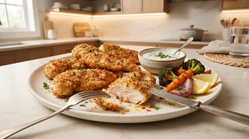 Plate of crispy chicken tenderloins with vegetables and dipping sauce