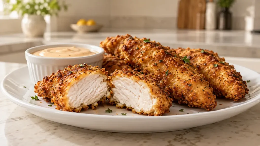 Golden crispy chicken tenders served with dipping sauce