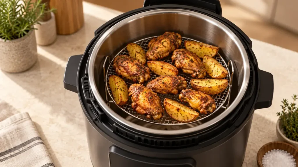 Freshly cooked chicken wings and potato wedges in an air fryer
