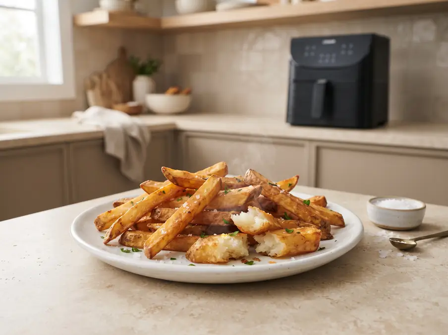 Plate of crispy French fries with a sprinkle of herbs.