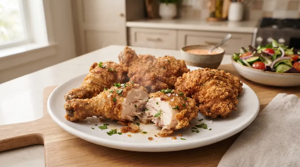 How to Reheat Fried Chicken in Air Fryer: Crispy & Juicy 4 Plate of crispy fried chicken with a side salad