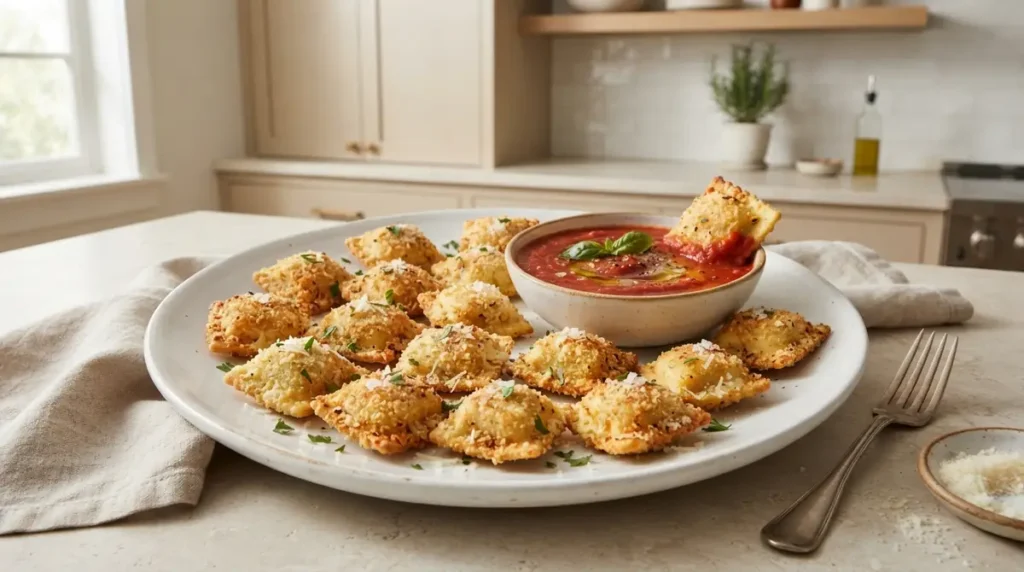 Air Fryer Ravioli Bites: Crispy & Cheesy in 10 Minutes 2 Plate of crispy ravioli bites served with marinara sauce.