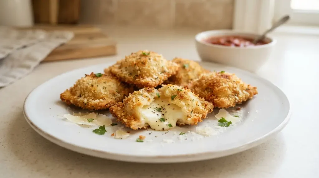 Air Fryer Ravioli Bites: Crispy & Cheesy in 10 Minutes 5 A plate of crispy ravioli bites with a creamy filling and marinara sauce.