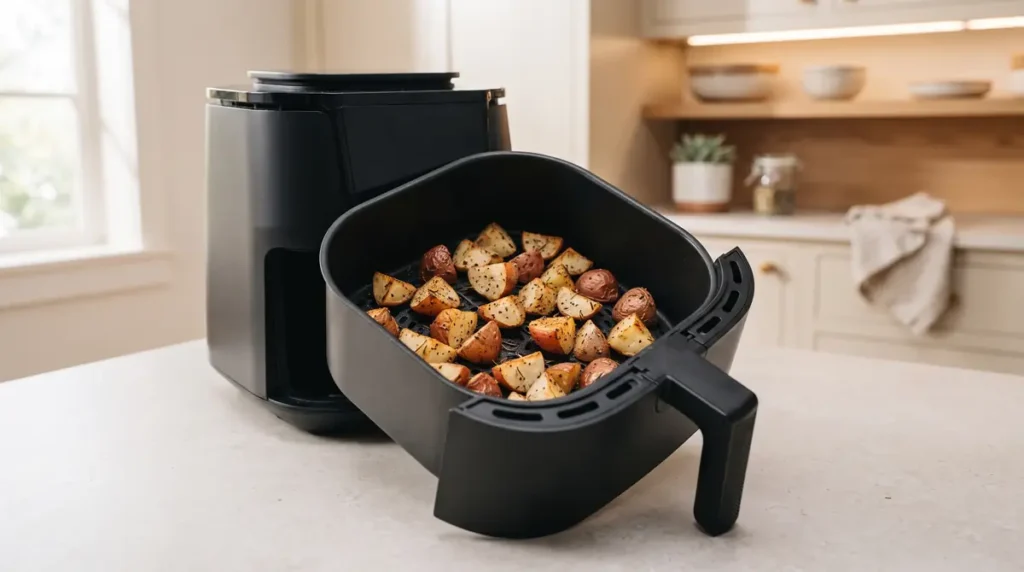 Air fryer filled with crispy seasoned potato chunks