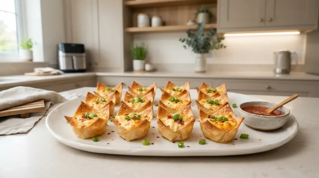 Air Fryer Wonton Cups: Crispy, Cheesy & Easy 2 Plate of crispy wonton cups garnished with green onions and sauce.