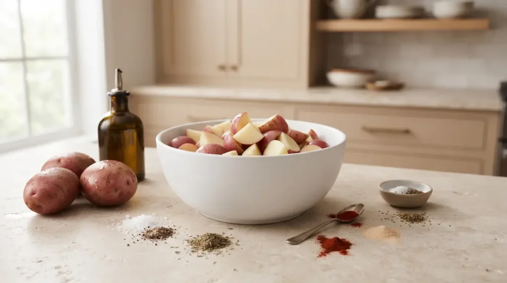 Bowl of cut red potatoes with seasonings on a kitchen countertop