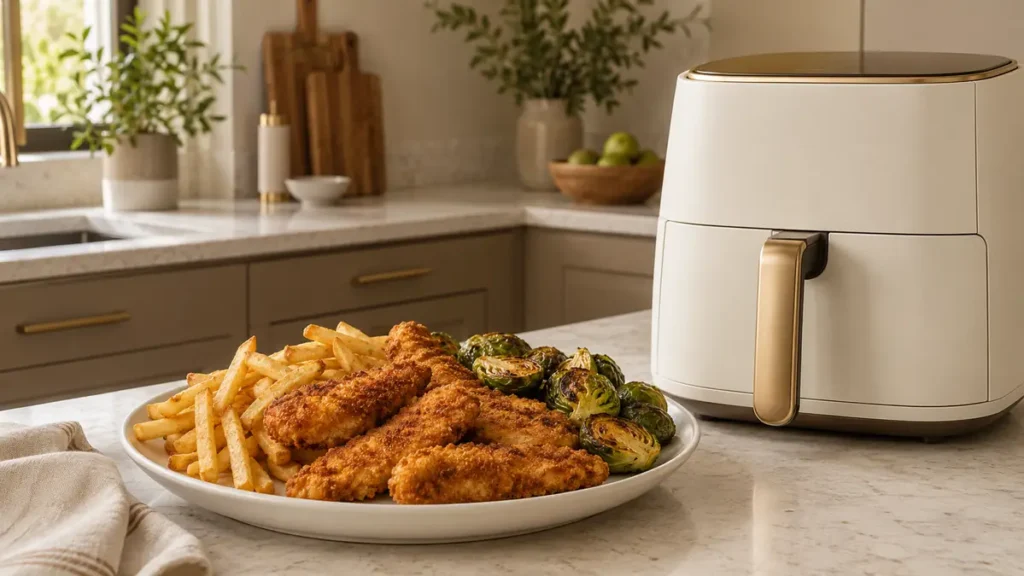 A plate of air fried chicken, fries, and Brussels sprouts next to an air fryer.