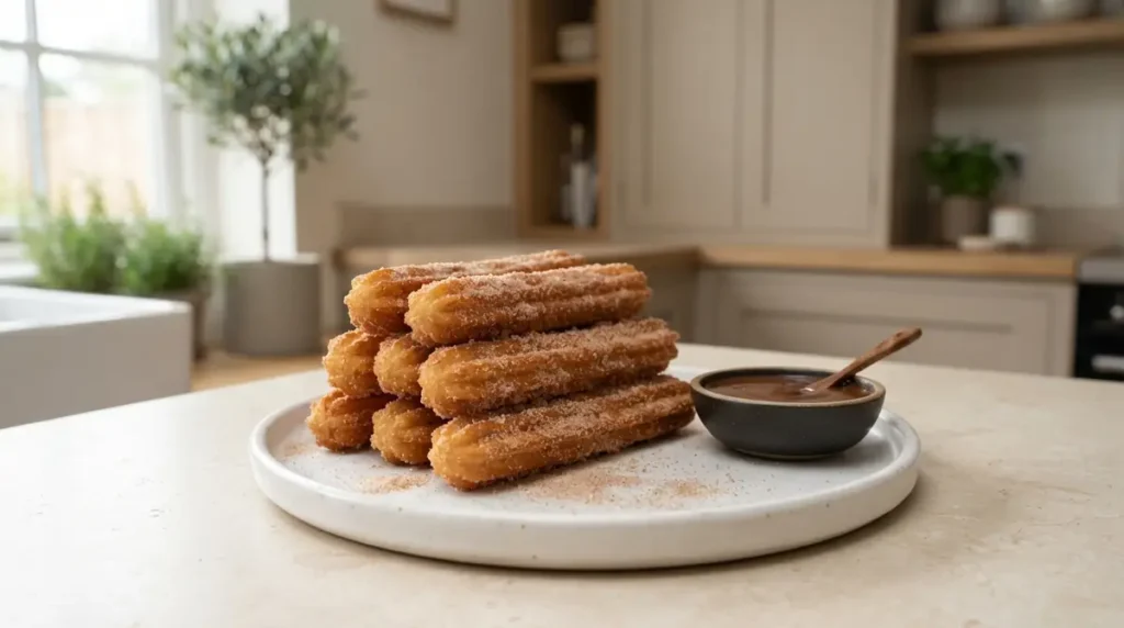 A plate of churros with a bowl of chocolate sauce.