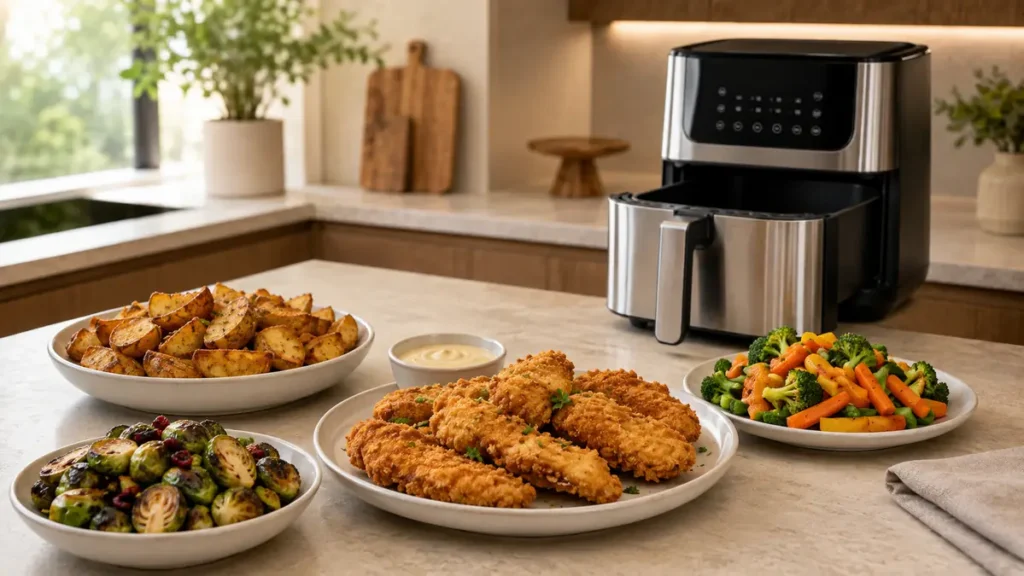 A table featuring crispy chicken, roasted potatoes, and steamed vegetables.