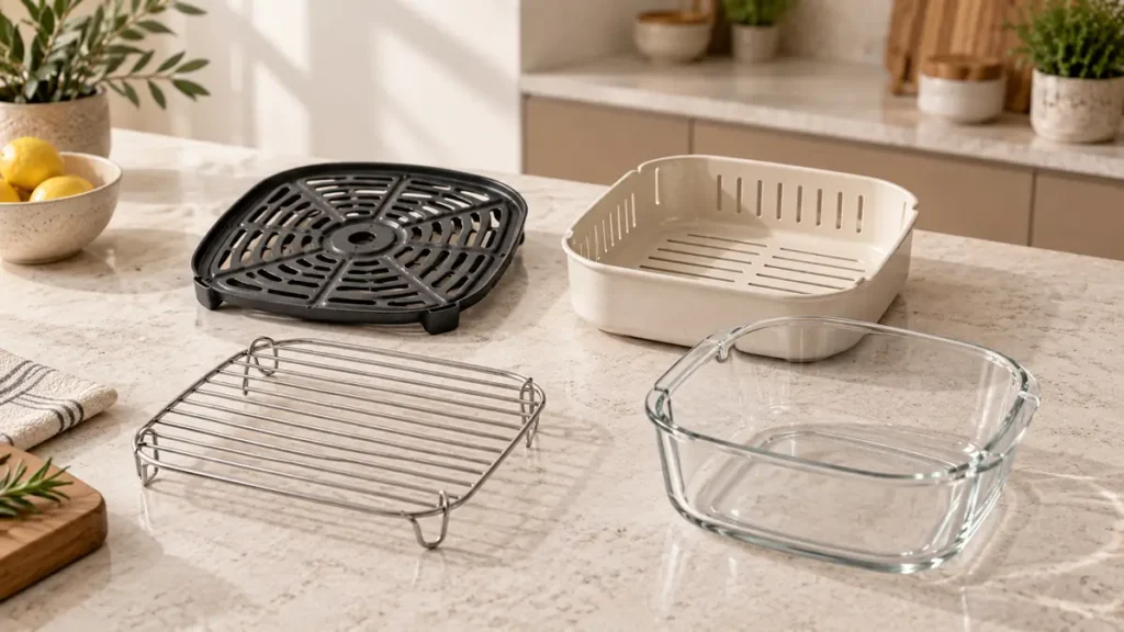 A variety of bakeware including metal, glass, and ceramic containers on a kitchen countertop.