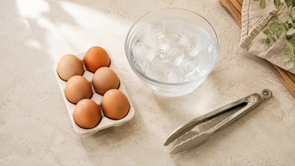 Six brown eggs next to a bowl of ice water and tongs on a countertop.