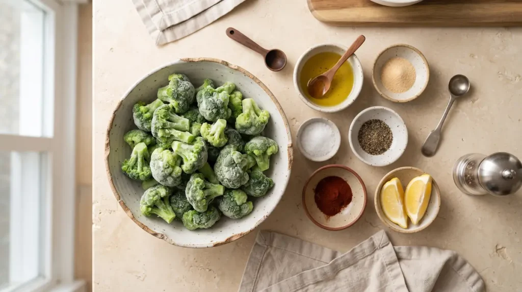Frozen broccoli in the air fryer 2 Bowl of fresh broccoli with spices and oil ingredients on the side.