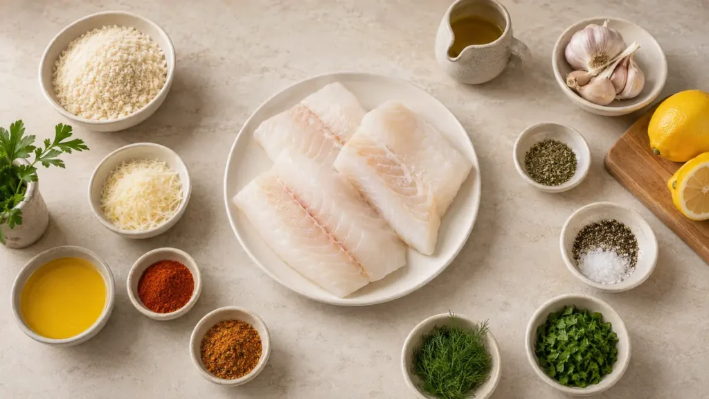 Plate of fresh fish fillets surrounded by various cooking ingredients.