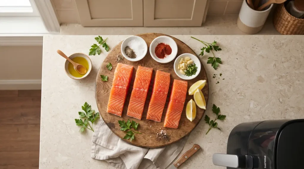 Salmon fillets arranged with herbs and seasonings on a wooden board.