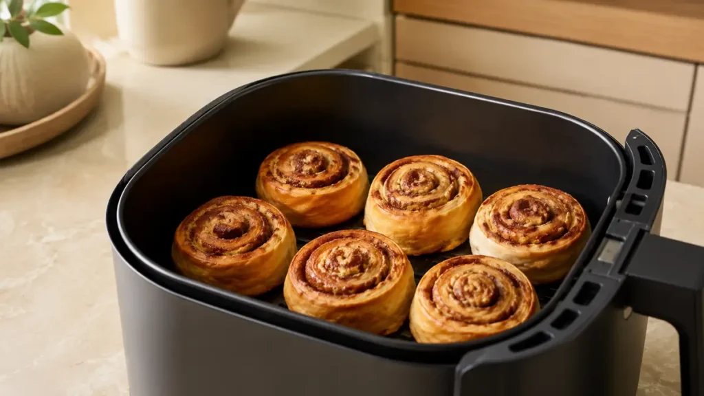 Six cinnamon rolls in an air fryer basket.