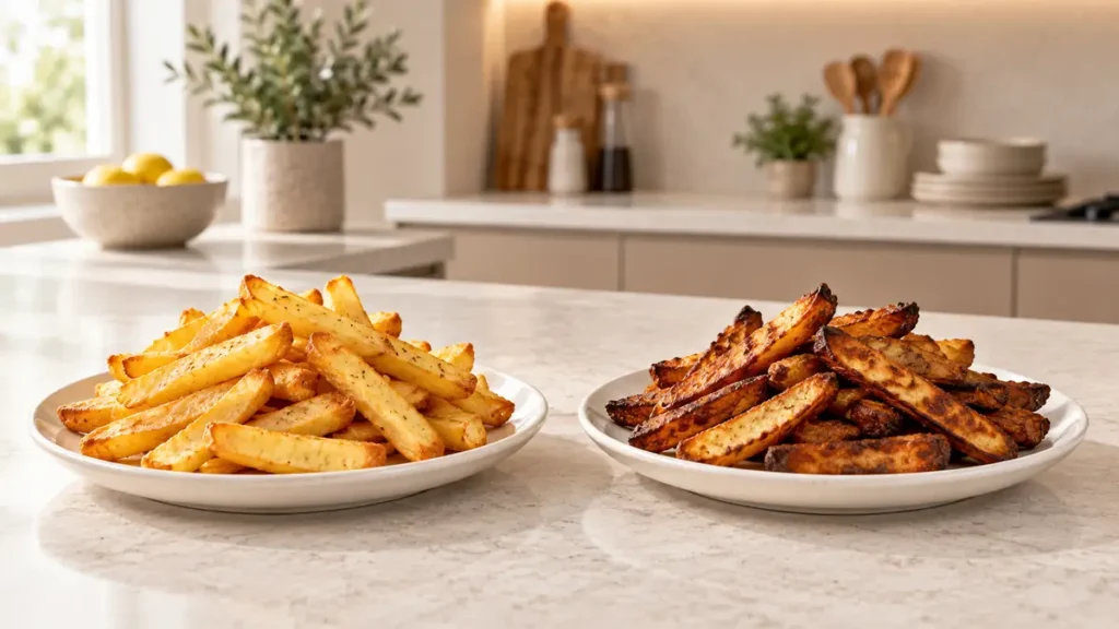 Plates of golden and crispy French fries on a kitchen counter.