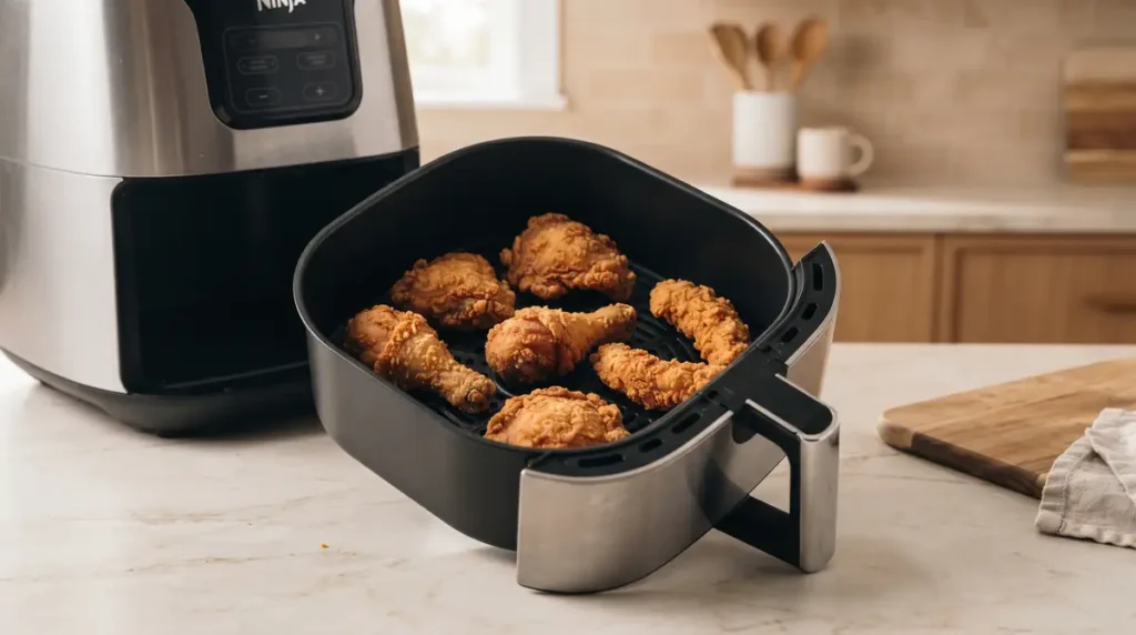 How to Reheat Fried Chicken in Air Fryer: Crispy & Juicy 3 Crispy fried chicken pieces in an air fryer basket.
