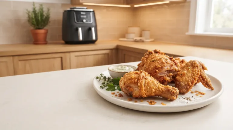 Plate of fried chicken pieces with a side of dipping sauce