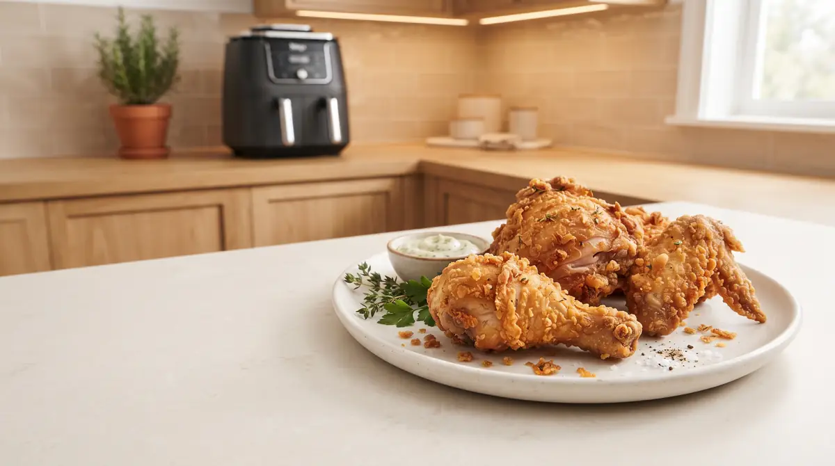 How to Reheat Fried Chicken in Air Fryer: Crispy & Juicy 1 Plate of fried chicken pieces with a side of dipping sauce
