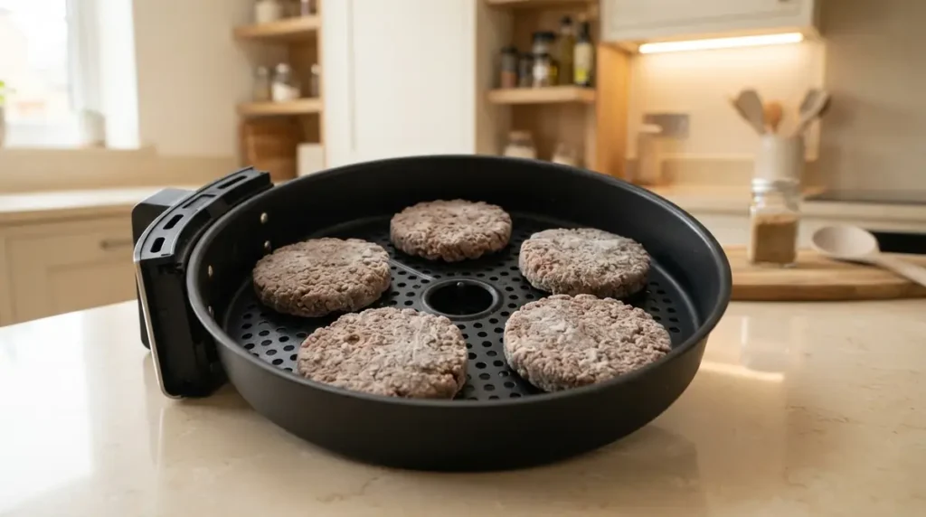 Frozen beef patties arranged in an air fryer basket.