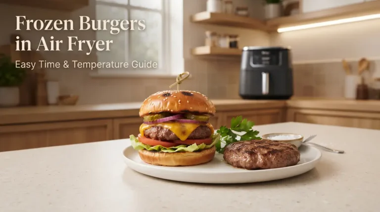 Delicious frozen burgers cooked in an air fryer with cheese and lettuce.