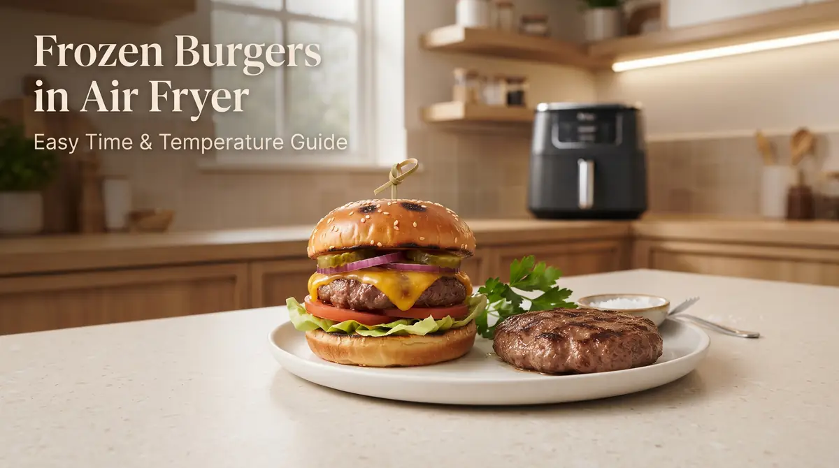 Delicious frozen burgers cooked in an air fryer with cheese and lettuce.