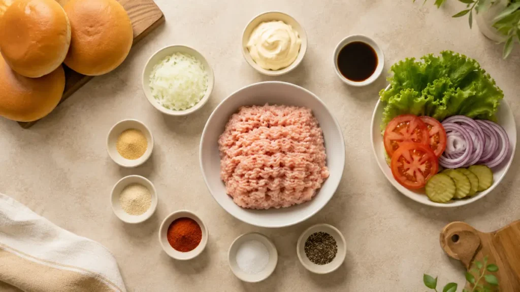 A bowl of ground meat with various ingredients spread around it