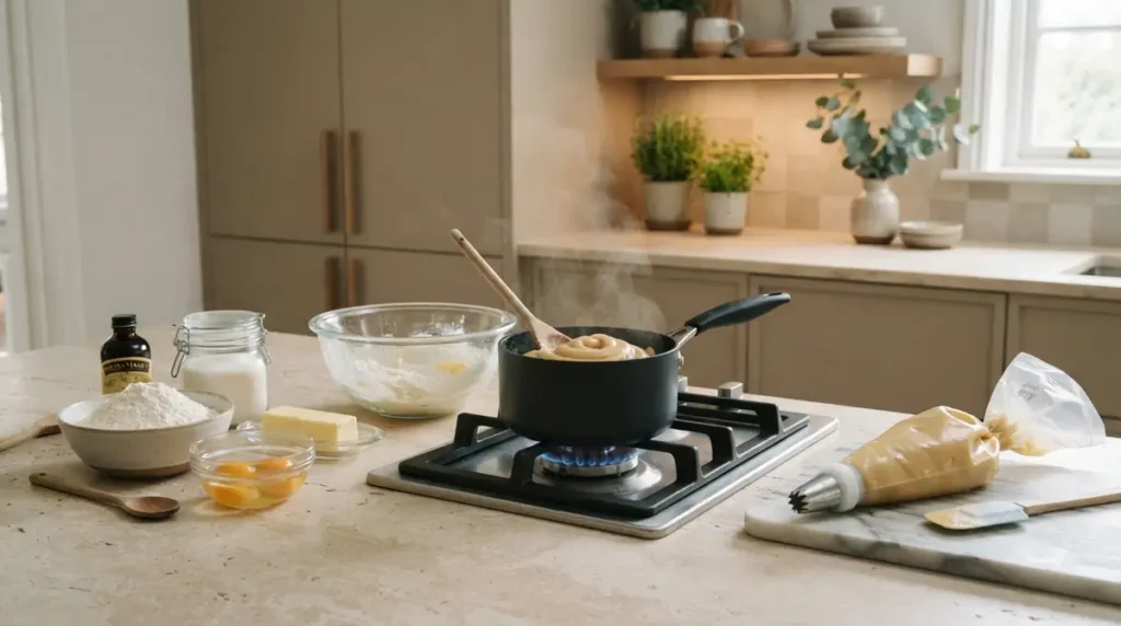 A pot of churro dough cooking on the stove with ingredients around it.