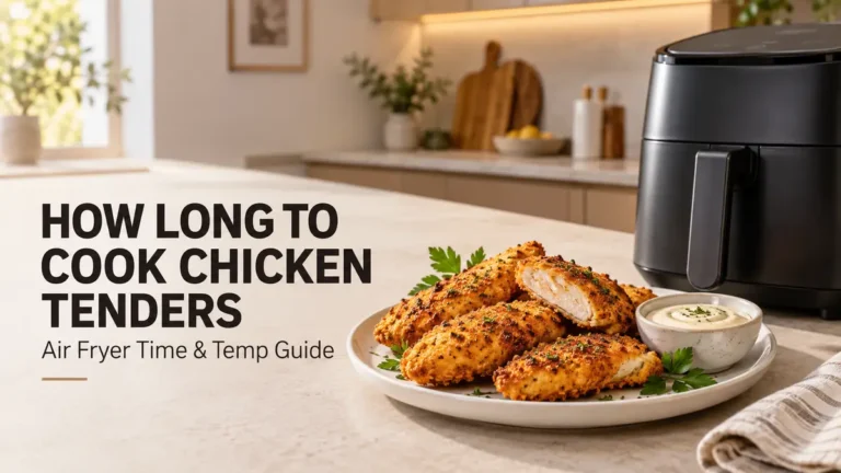 Plate of crispy chicken tenders with dip next to an air fryer.