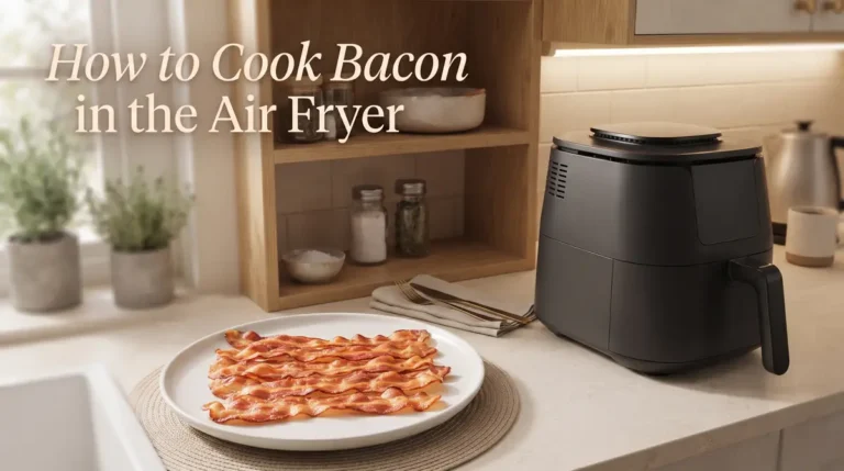 Cooked bacon on a plate next to an air fryer in a kitchen