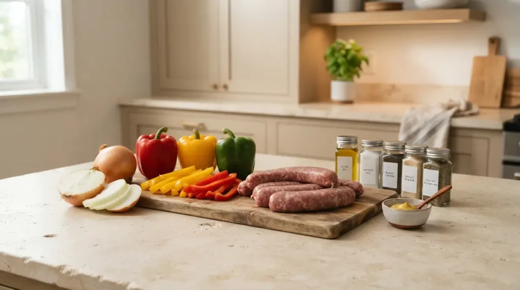 A wooden cutting board with sausages, bell peppers, onions, and spices.