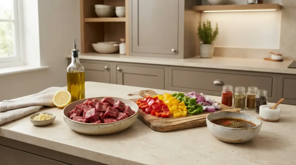 Prepped ingredients for beef kabobs on a kitchen countertop.