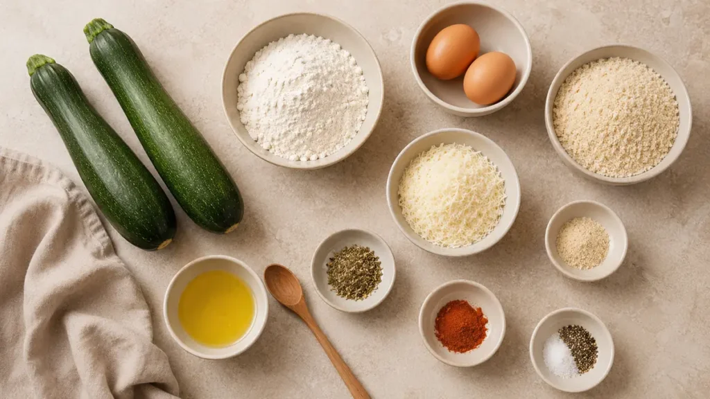 Fresh zucchini with various ingredients on a neutral background