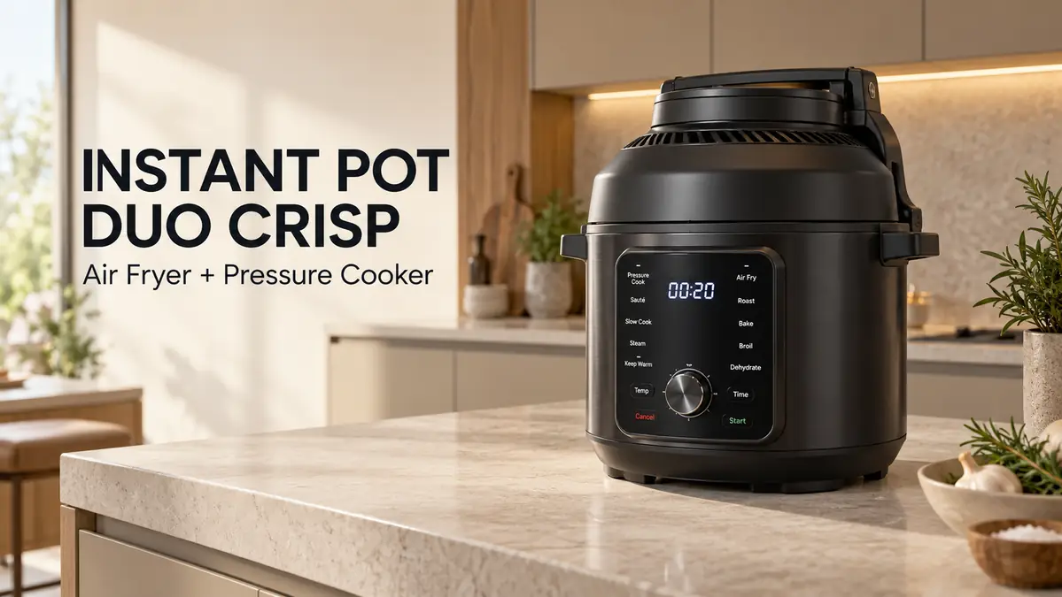 Black Instant Pot Duo Crisp on a kitchen counter