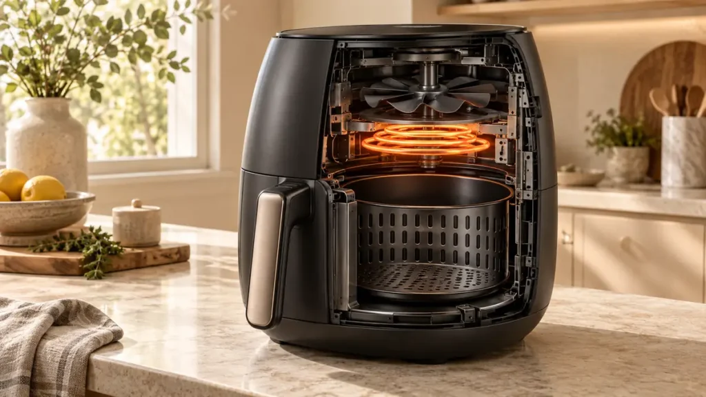 An opened air fryer showcasing its heating element and basket.