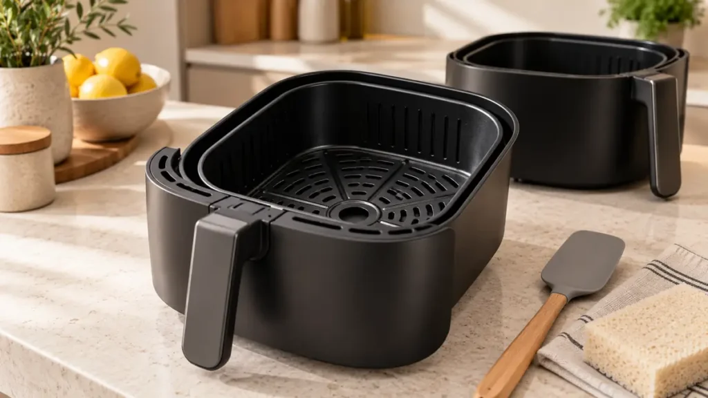 A sleek black air fryer on a kitchen countertop.