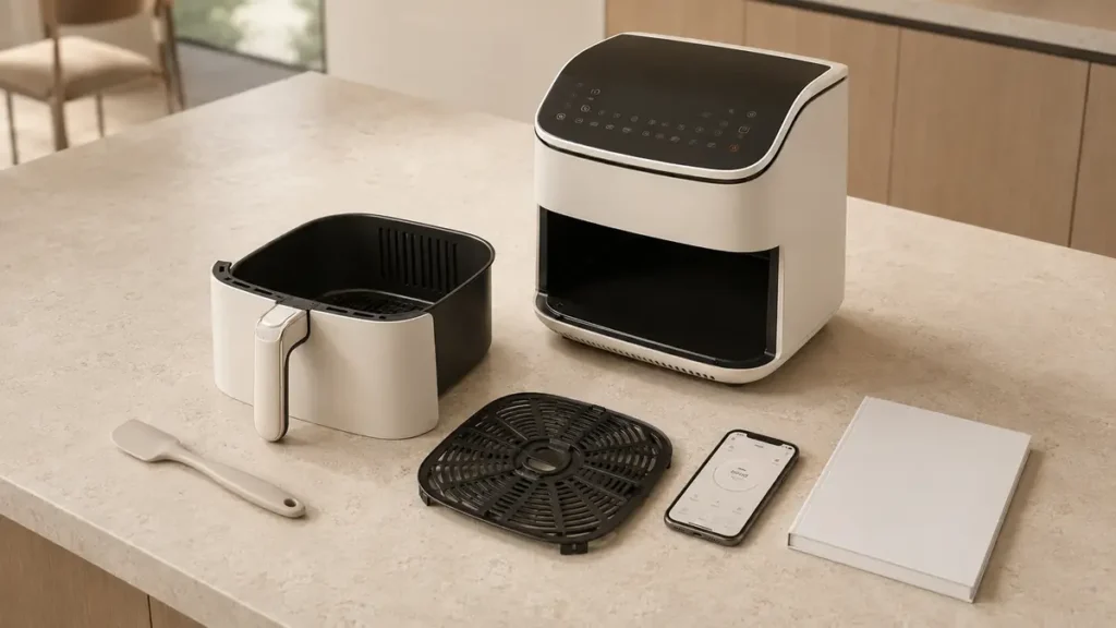 A modern air fryer with its basket, a phone, a spatula, and a notebook on a countertop.
