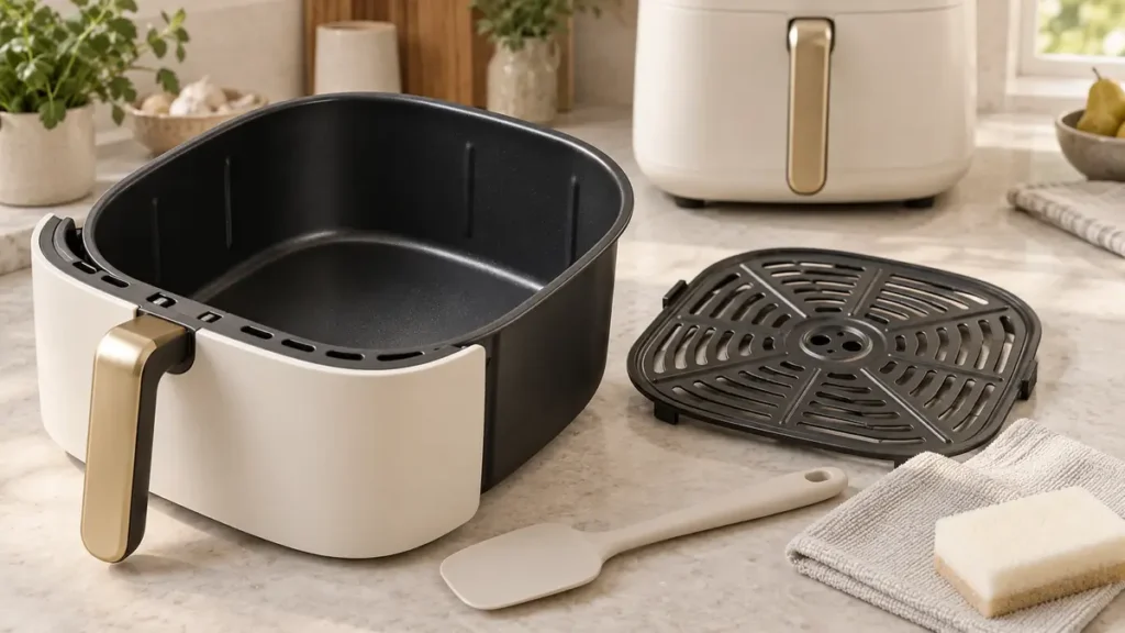 An air fryer basket and tray on a countertop with a spatula and sponge.