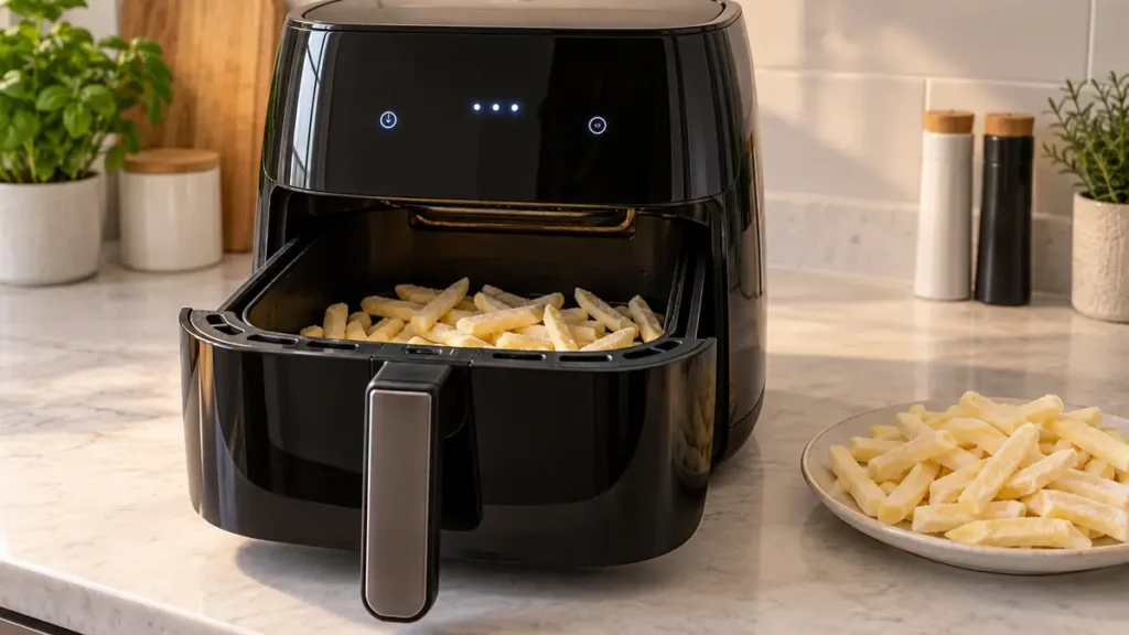 A sleek black air fryer filled with cut potatoes on a kitchen countertop.