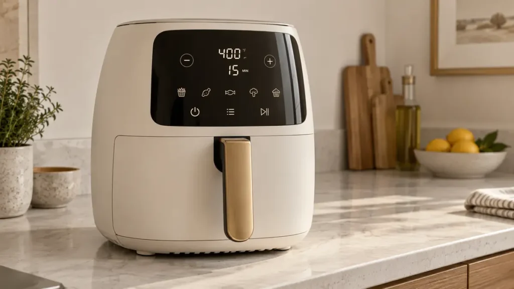 A white air fryer with a digital display on a kitchen countertop.