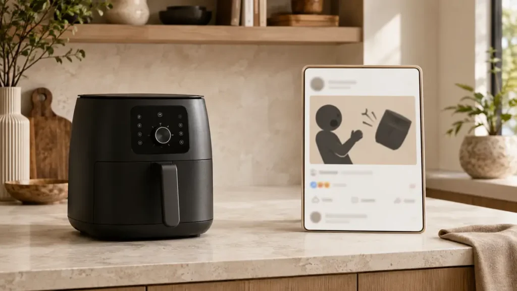 A sleek black air fryer beside a digital tablet displaying a user interaction.