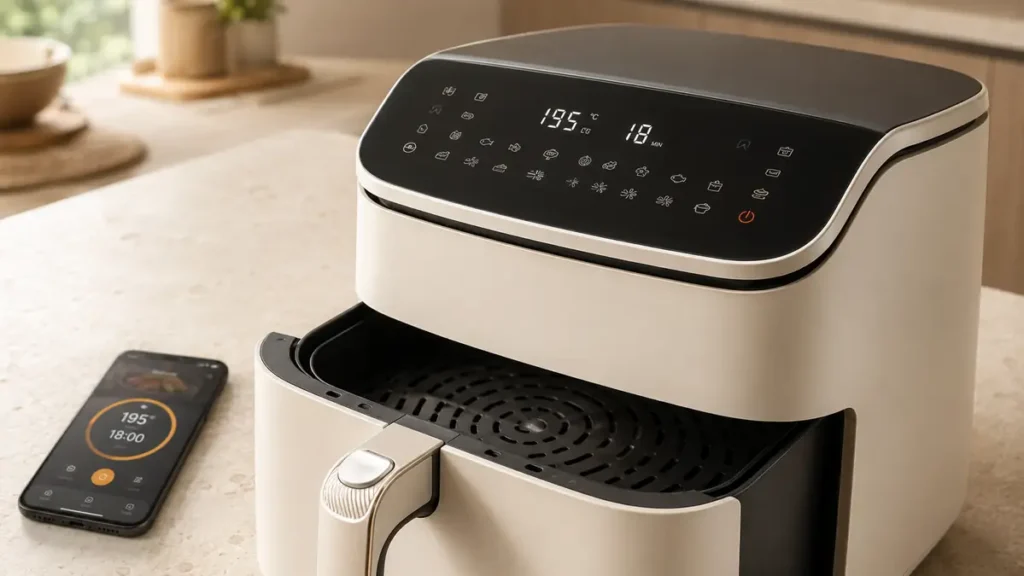 A sleek air fryer with a digital display and a smartphone nearby