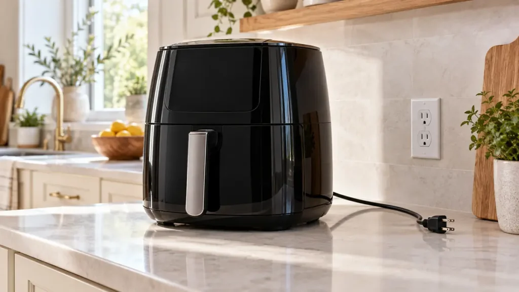 Air Fryer Won’t Turn On: Simple Checks Before You Replace It 2 A sleek black air fryer on a kitchen countertop.