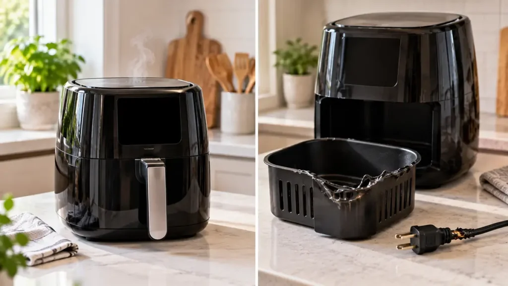 Air Fryer Smells Like Plastic: Is It Safe? How to Get Rid of the Smell 3 A sleek black air fryer in a kitchen setting