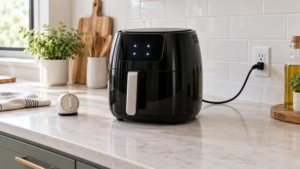A sleek black air fryer on a kitchen countertop.