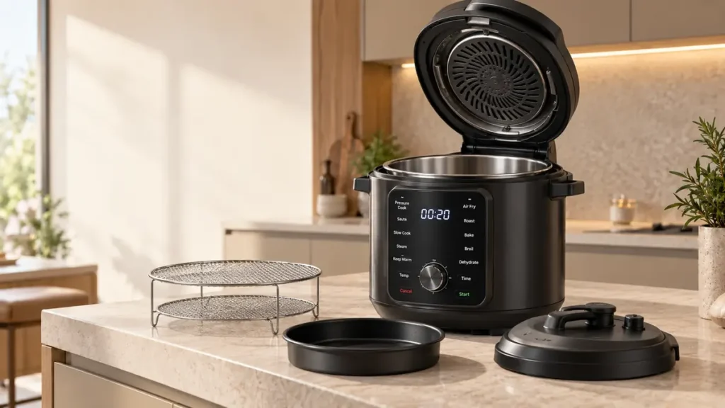 A modern electric pressure cooker on a kitchen countertop.
