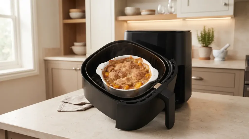 Freshly baked peach cobbler inside an air fryer.