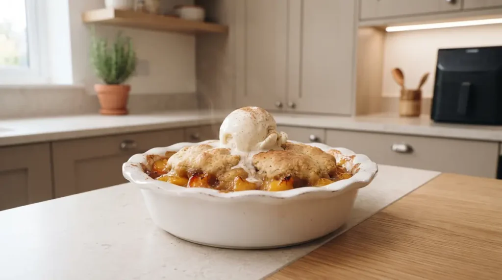 A bowl of peach cobbler topped with vanilla ice cream