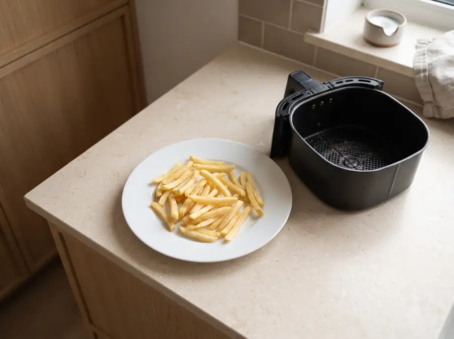 A plate of golden French fries beside an air fryer.